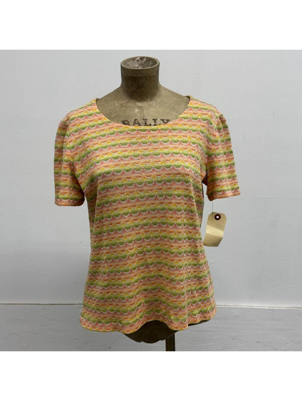 Vintage 1970s Pastel Multi-Color Pointelle Chevron Knit Scoop Neck Top